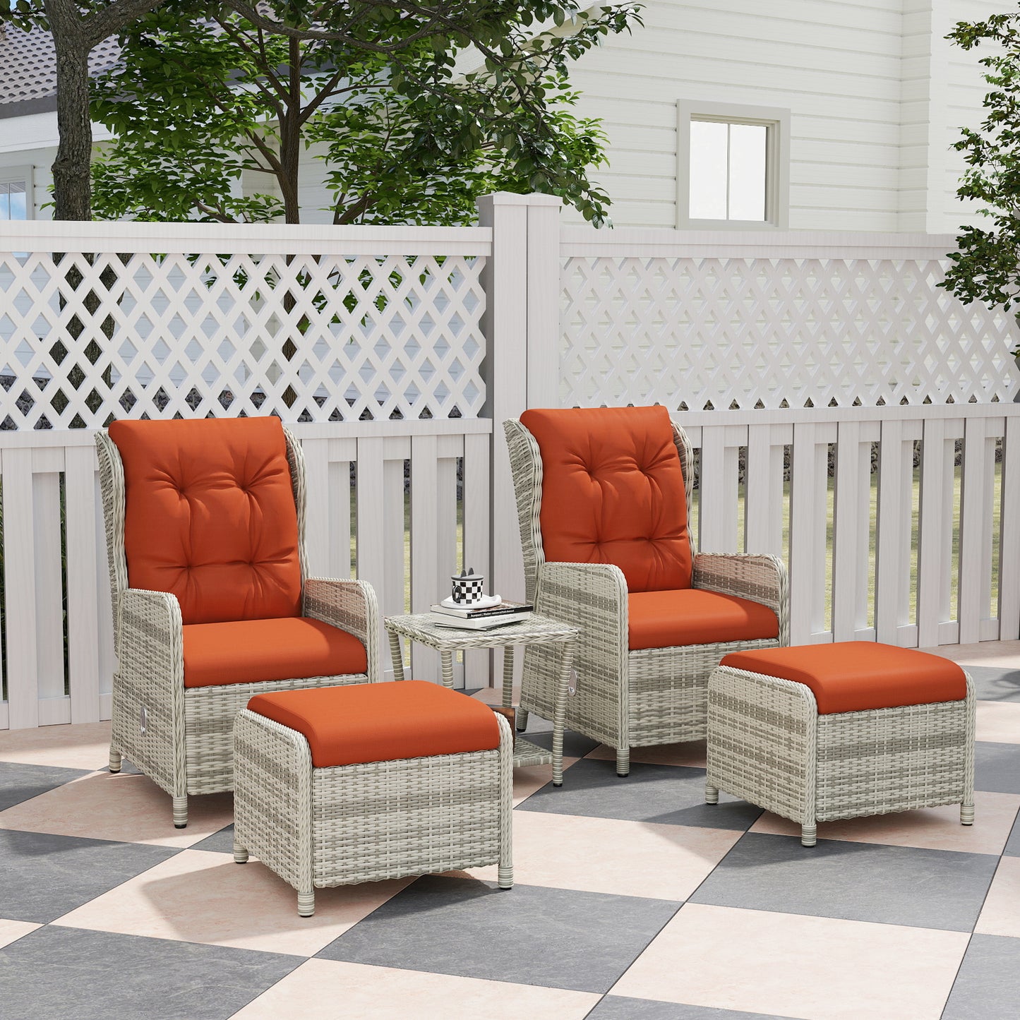 Outsunny 5 Pieces Rattan Bistro Set with Adjustable Back, Reclining Wicker Balcony Furniture with Cushions, Glass Top Coffee Table, Orange