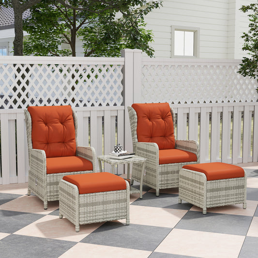 Outsunny 5 Pieces Rattan Bistro Set with Adjustable Back, Reclining Wicker Balcony Furniture with Cushions, Glass Top Coffee Table, Orange