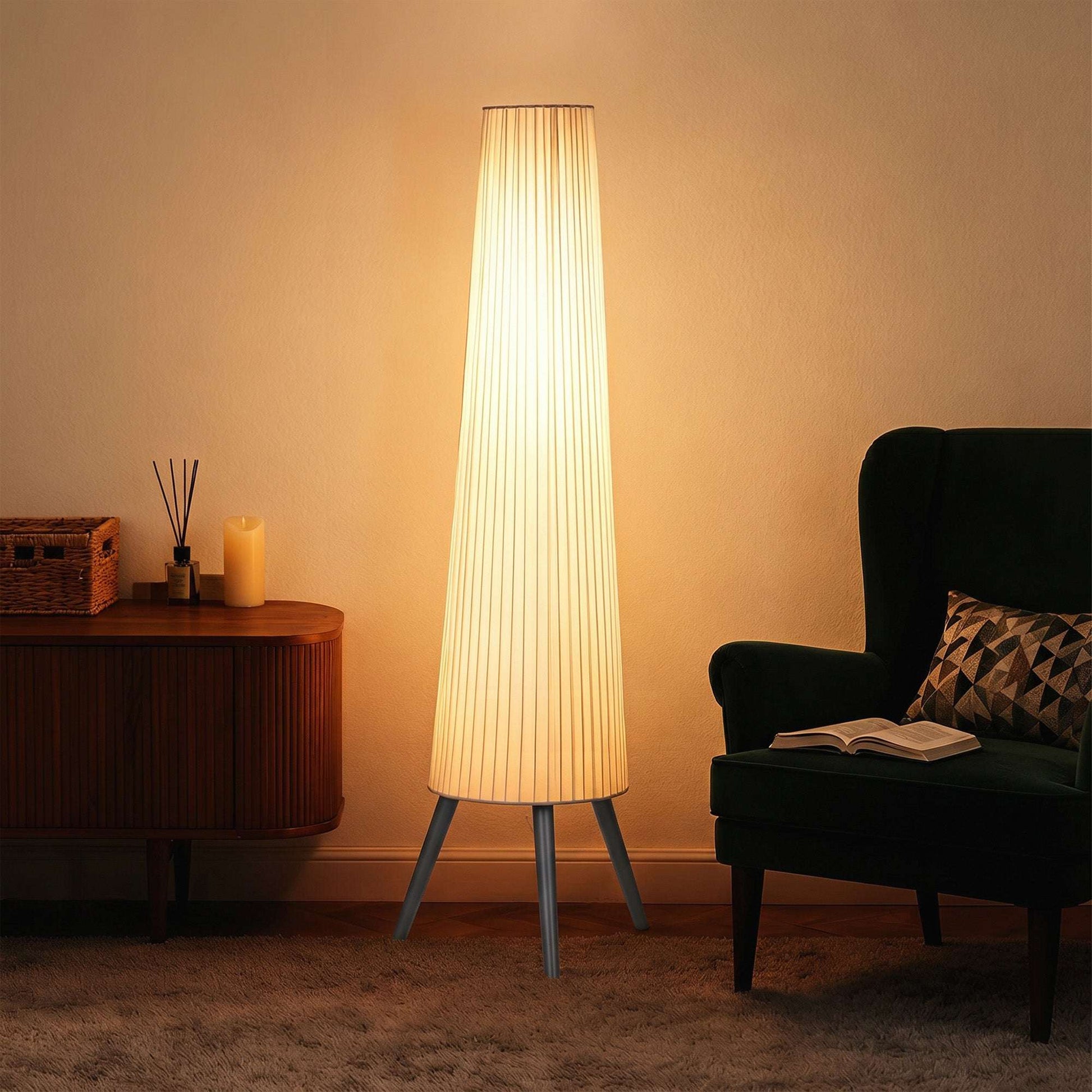 Nordic Dimmable Tripod Floor Lamp | 3-Level Foot Switch | Pleated Fabric Shade | 3000K Warm White | 10.5W 900lm | Steel & Wood Tripod Base | 46x46x153cm | 15-Min Assembly | White
