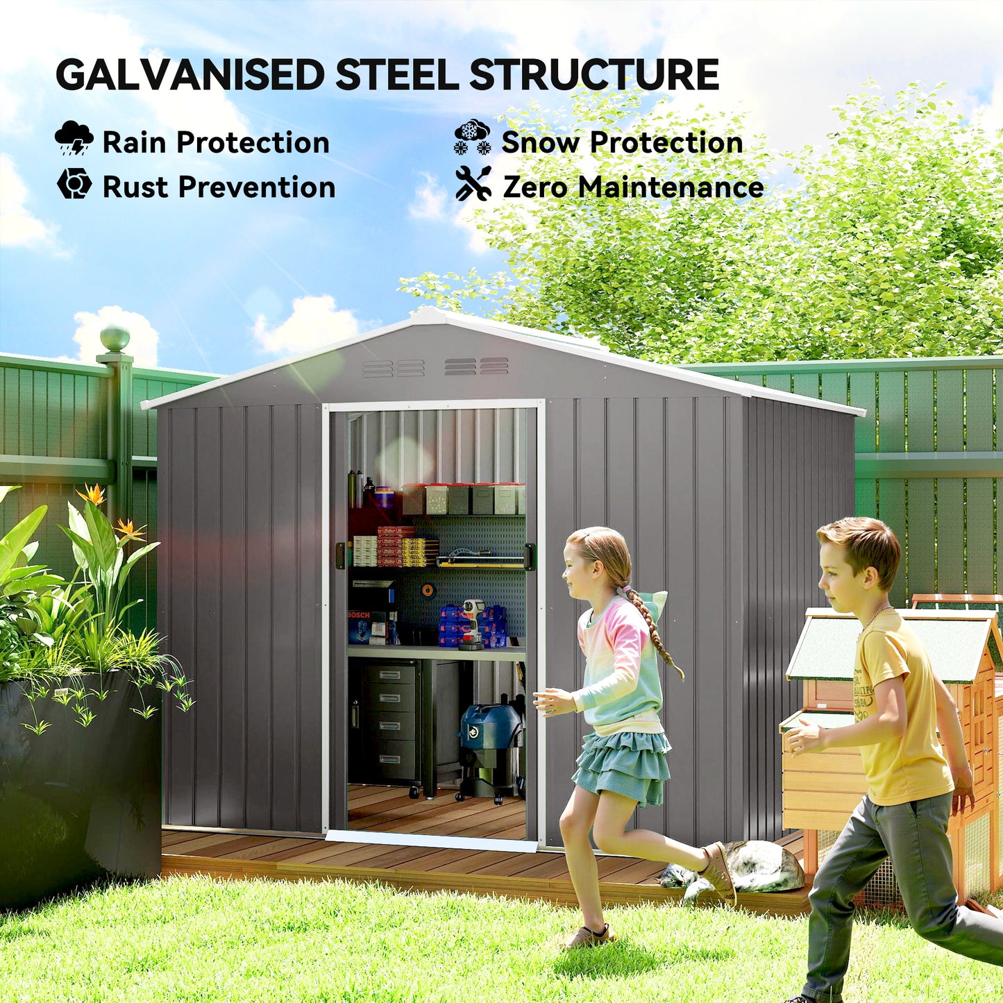 Large Galvanised Steel Garden Storage Shed | Double Sliding Door | 4 Ventilation Slots | Sloped Roof | 20kg/m² Snow Load | 236x171x191cm | Bikes Scooters Tools & Bins | Light Grey