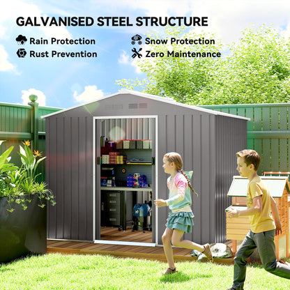 Large Galvanised Steel Garden Storage Shed | Double Sliding Door | 4 Ventilation Slots | Sloped Roof | 20kg/m² Snow Load | 236x171x191cm | Bikes Scooters Tools & Bins | Light Grey