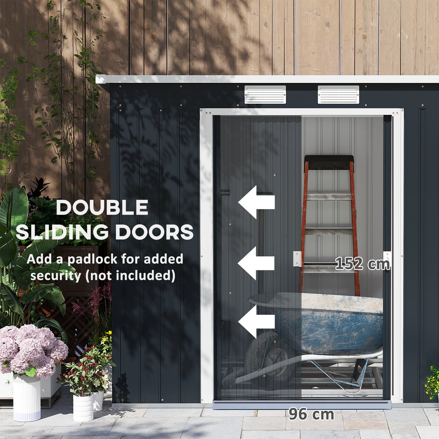 Outdoor Lean to Garden Metal Equipment Tool Storage Shed w/ Foundation Kit, Double Door, Vents and Sloped Roof, Dark Grey