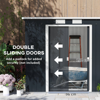 Outdoor Lean to Garden Metal Equipment Tool Storage Shed w/ Foundation Kit, Double Door, Vents and Sloped Roof, Dark Grey