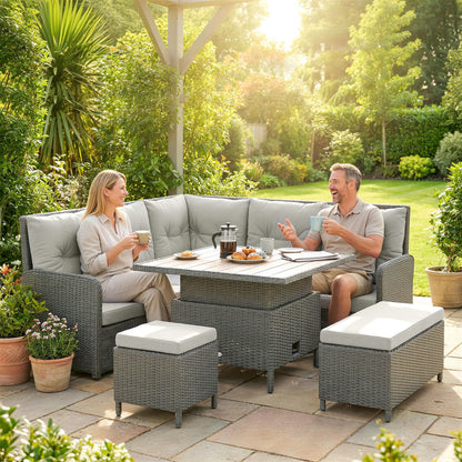 6-Piece PE Rattan Corner Garden Sofa Set | 2 Loveseats | Corner Sofa | 2 Footstools | Liftable Coffee Table | Washable Cushions | 120kg | Cream
