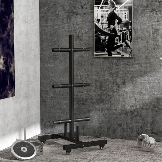 SPORTNOW Weight Rack for Olympic Weight Plate, 3 Tier Weight Tree for 2 inch Plates and Bars, Weight Organizer Stand with 4 Transport Wheels and Clamps for Home Gym, Black