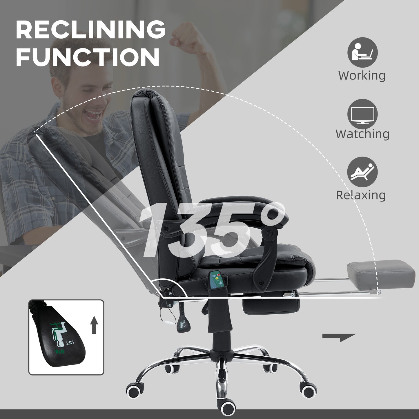 Heated Massage Executive Office Chair | 6 Point Vibration | High Back PU Leather | 135° Recline & Footrest | 360° Swivel | 45-52cm Height | 113kg | Black