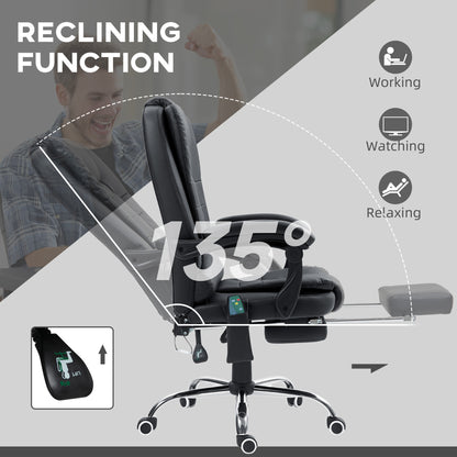 Heated Massage Executive Office Chair | 6 Point Vibration | High Back PU Leather | 135° Recline & Footrest | 360° Swivel | 45-52cm Height | 113kg | Black