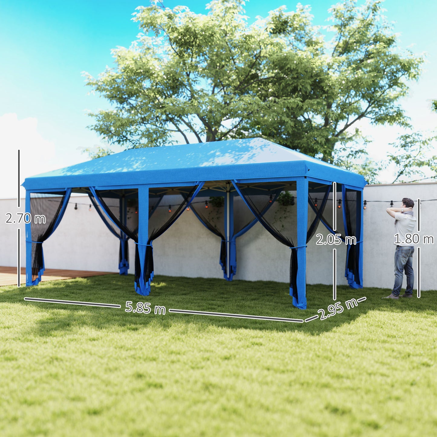 Outsunny 3 x 6m Pop Up Gazebo, Outdoor Canopy Shelter, Marquee Party Wedding Tent with 6 Mesh Walls and Carry Bag, Blue / Black