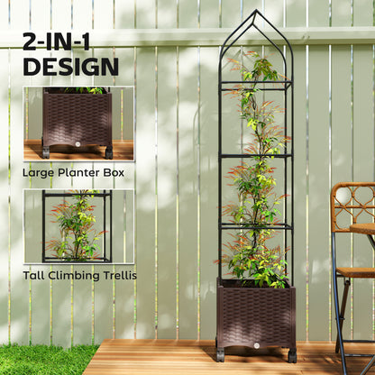 Raised Garden Bed with Adjustable Trellis & Tomato Cage | 4 Lockable Wheels | Bottom Water Tank | 4 Drainage Holes | 40L | Weather-Resistant PP | 40x40x182cm | 20kg | Brown