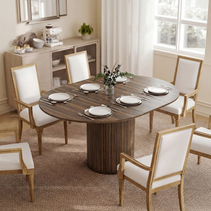 Extendable Dining Table | 110–150cm Round to Oval | Dark Walnut-Effect Finish & Fluted Pedestal Base | Hidden Extension Leaf Storage | Seats up to 6–8