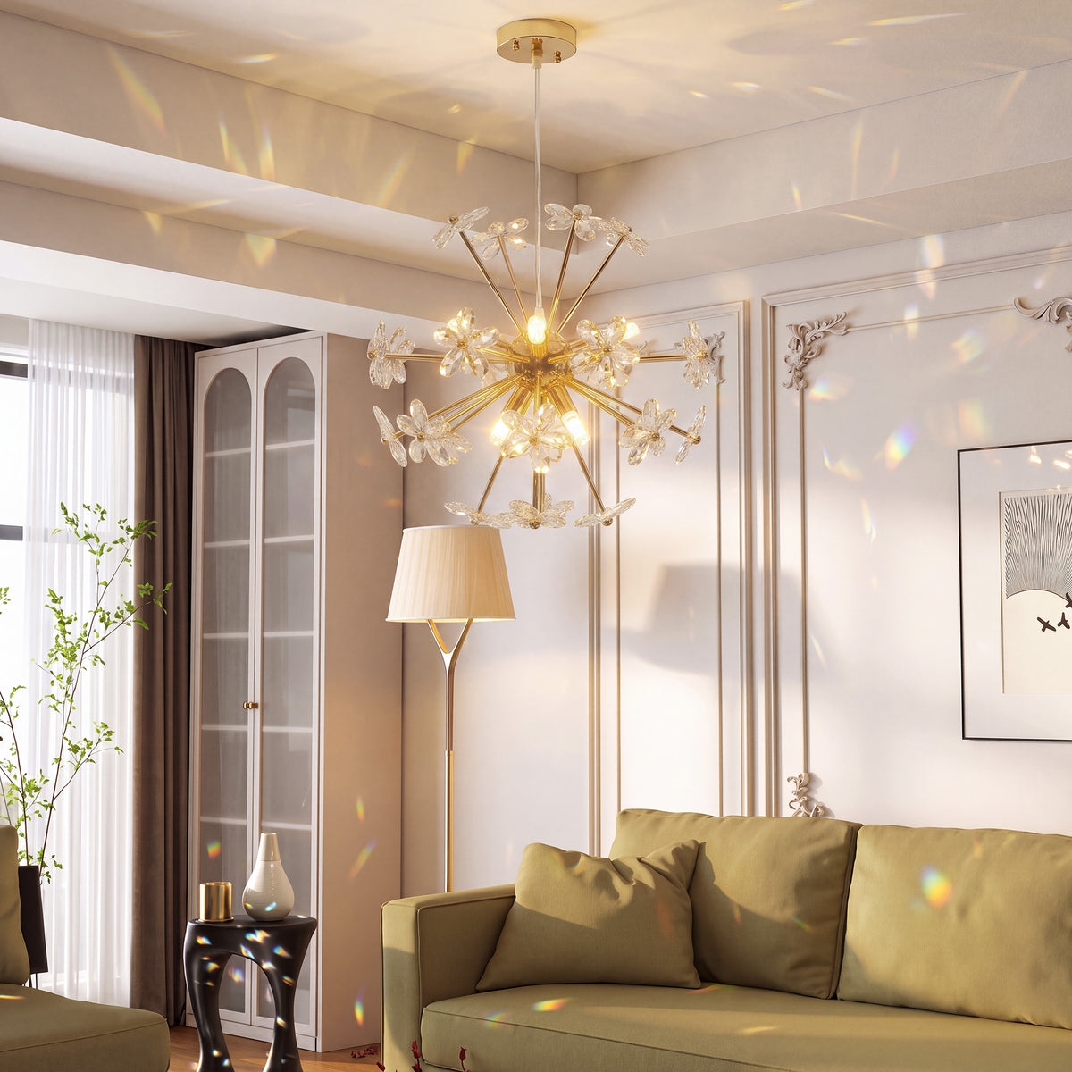 Crystal Flower Chandelier | Gold Tone Ceiling Light with 8 G9 Bulb Holders & Adjustable Suspension | Clear