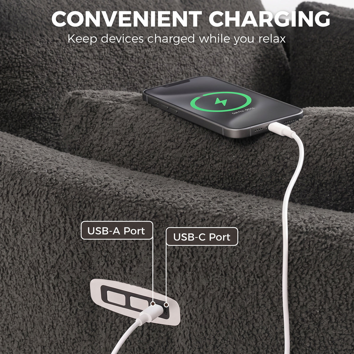 Riser Recliner Chair | 18° Power Lift & 135° Recline | 8-Point Massage & Lumbar Heat | Pocket Spring Teddy Fleece | 12cm Seat Cushion | USB-A & USB-C | Remote | 120kg | 160–200cm | Dark Grey