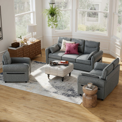 3-Seater Faux Leather Sofa | S-Spring Support | 20cm Seat | Side Pockets | 2 Pillows | Fire-Retardant | 330kg | 190cm | Grey
