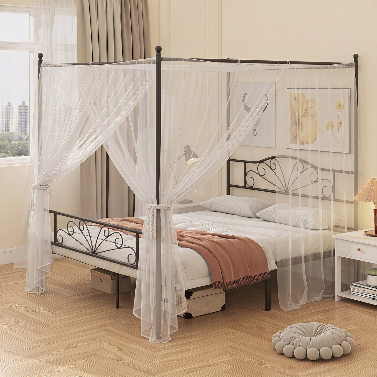 King Size Four-Poster Canopy Bed Frame | Headboard & Footboard | EVA-Padded Centre Bar | 12 Slats | 6 Legs | 29cm Under-Bed | 240kg | Mosquito Net Posts | 155.5x207x191cm | Black / White