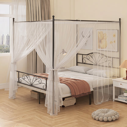 King Size Four-Poster Canopy Bed Frame | Headboard & Footboard | EVA-Padded Centre Bar | 12 Slats | 6 Legs | 29cm Under-Bed | 240kg | Mosquito Net Posts | 155.5x207x191cm | Black / White