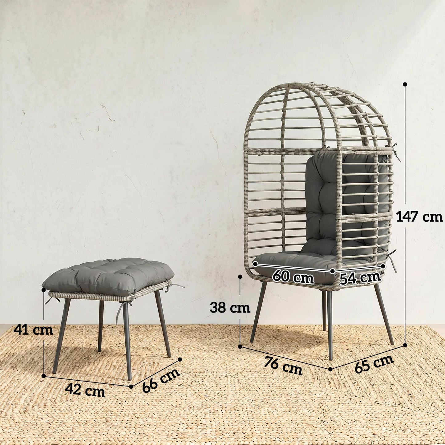 Rattan Egg Chair & Footstool Set | 11cm Tufted Cushions | UV & Weather Resistant PE Rattan | Powder-Coated Steel Frame | 120kg Capacity | Adjustable Feet | Indoor & Outdoor | Light Grey