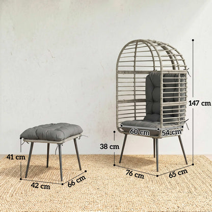 Rattan Egg Chair & Footstool Set | 11cm Tufted Cushions | UV & Weather Resistant PE Rattan | Powder-Coated Steel Frame | 120kg Capacity | Adjustable Feet | Indoor & Outdoor | Light Grey