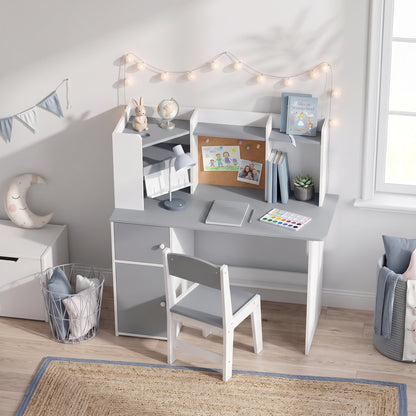 Kids Desk and Chair Set | Adjustable Tablet Stand | Cork Board | Pen Holder | 3-Tier Bookshelf | Upper Cubbies & Cabinets | E1 MDF | Rounded Corners | Anti-Tip | 90x39x95cm Table | Ages 3–12 | Grey & Pink