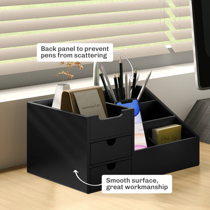 Desk Organiser Holder, Bamboo Multi-Function Storage Caddy with 7 Storage Compartments and 2 Drawers for Home Office Stationary Supplies