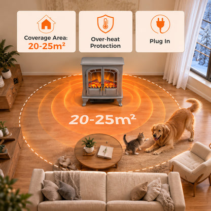 Electric Fireplace Stove | Grey Freestanding 2000W Heater with LED Flame Effect, Energy Rating C