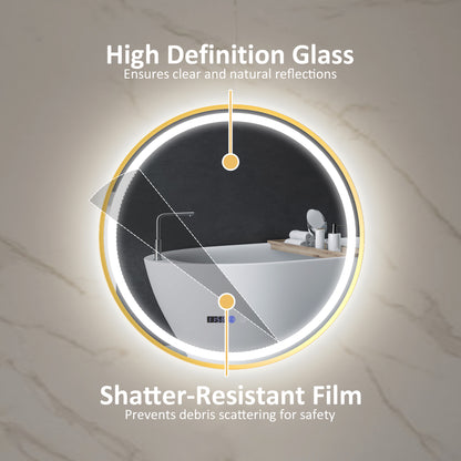 Round Bathroom Mirror with LED Lights, 800mm Backlit Illuminated Bathroom Mirror, Dimmable Wall Mounted Vanity Mirror with Demister Pad, Touch Switch, Gold Tone