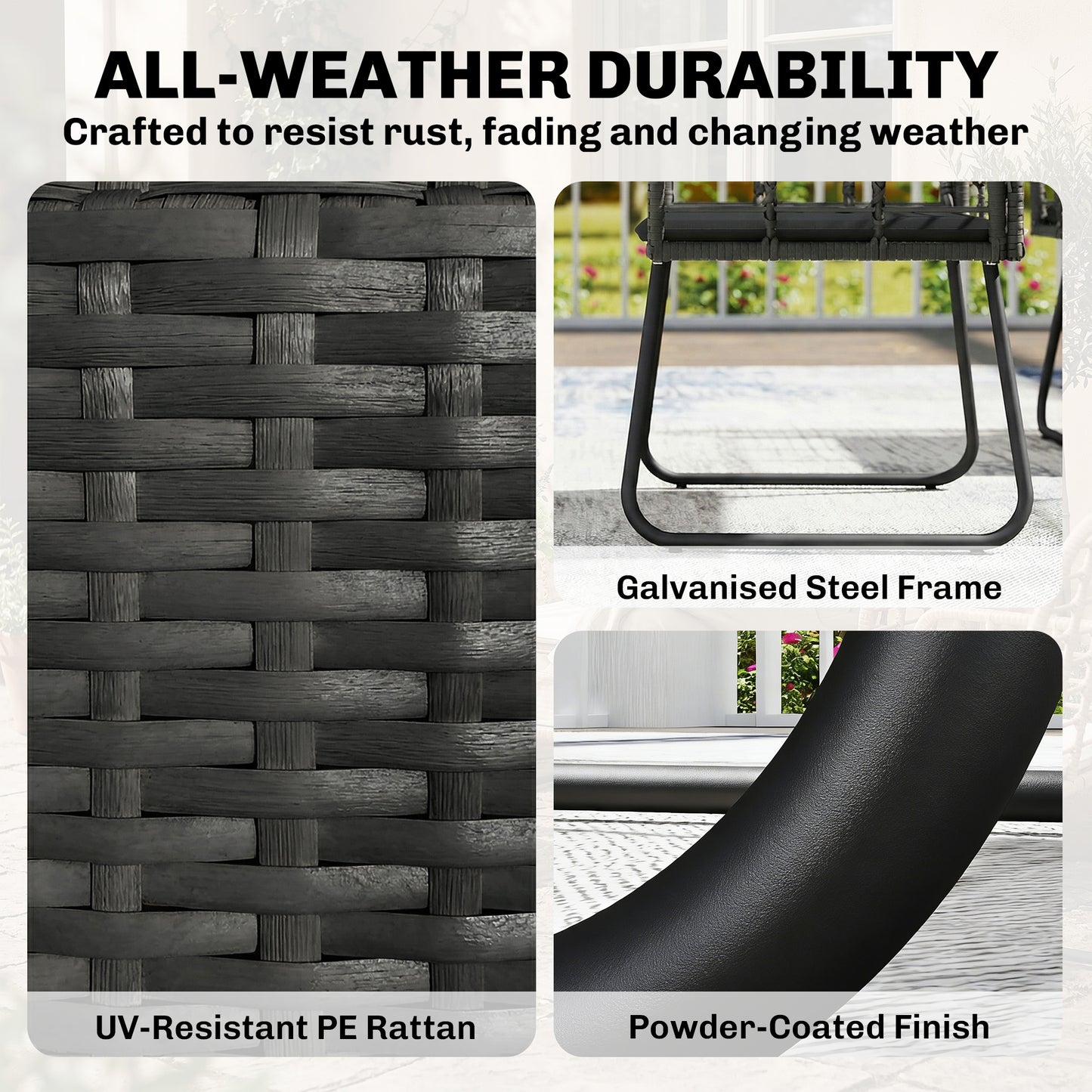4 Piece Rattan Garden Furniture Set | Loveseat | 2 Armchairs | Coffee Table | Tempered Glass Top | PE Rattan & Metal Frame | High-Density Cushions | Washable Covers | Black