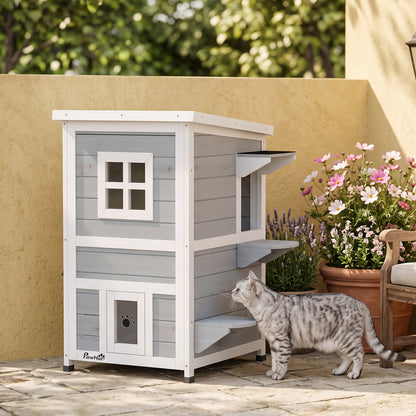 2-Floor Wooden Outdoor Cat House | Fir Wood | Water-Resistant Paint | Elevated Base | Jump Platforms | 3 Doors & Windows | Openable Roof | Litter Tray Space | Max 5kg Per Cat | 51x51x81.3cm | Grey