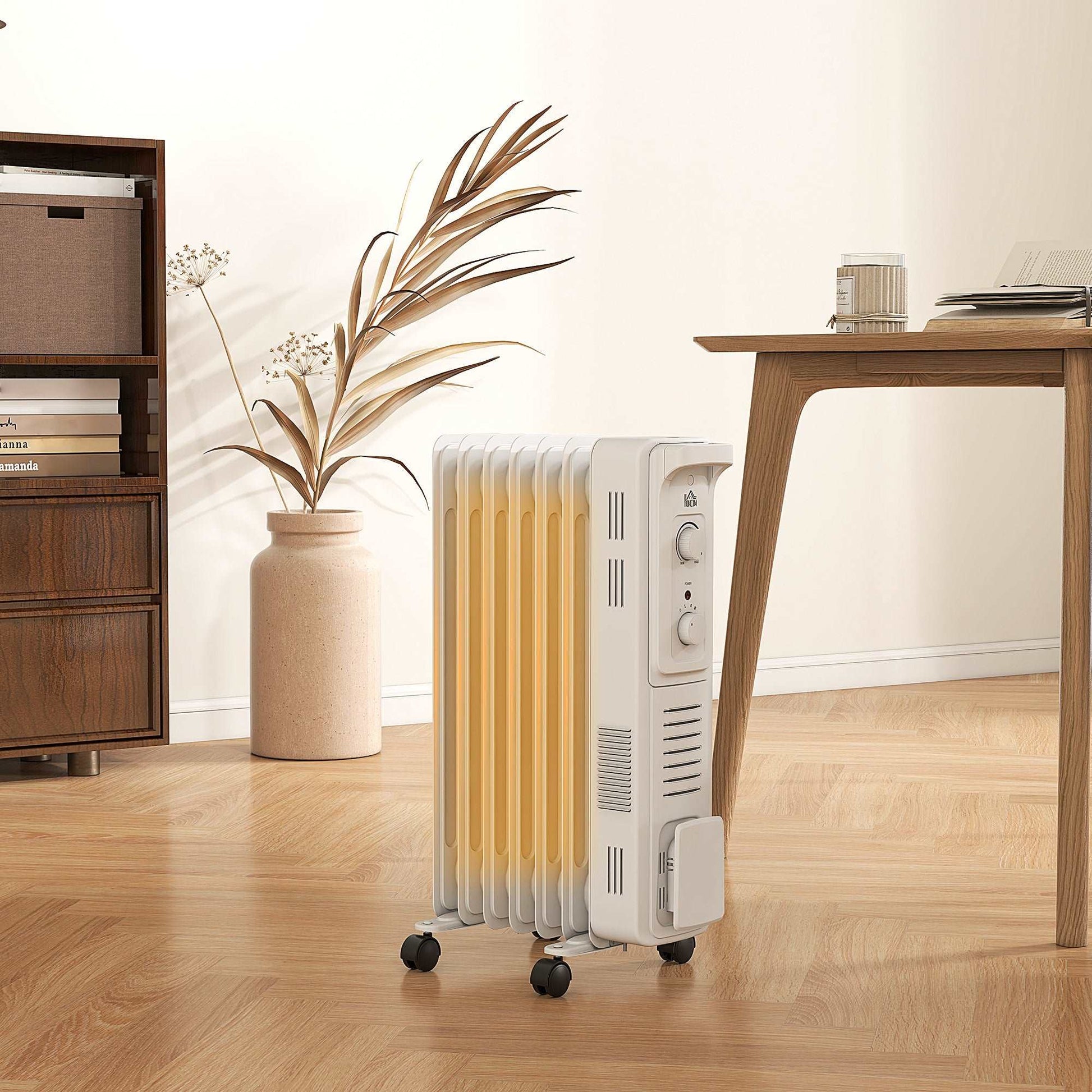1500W Oil Filled Radiator, 7 Fin Energy Efficient Portable Electric Heater with 3 Heat Settings, Adjustable Thermostat, Safety Tip Over, Overheat Protection, for Home, White