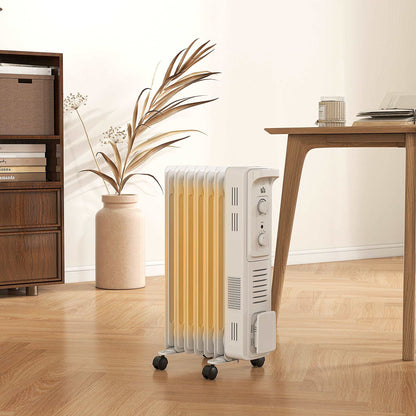 1500W Oil Filled Radiator, 7 Fin Energy Efficient Portable Electric Heater with 3 Heat Settings, Adjustable Thermostat, Safety Tip Over, Overheat Protection, for Home, White