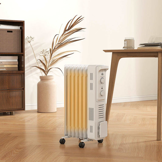 1500W Oil Filled Radiator, 7 Fin Energy Efficient Portable Electric Heater with 3 Heat Settings, Adjustable Thermostat, Safety Tip Over, Overheat Protection, for Home, White