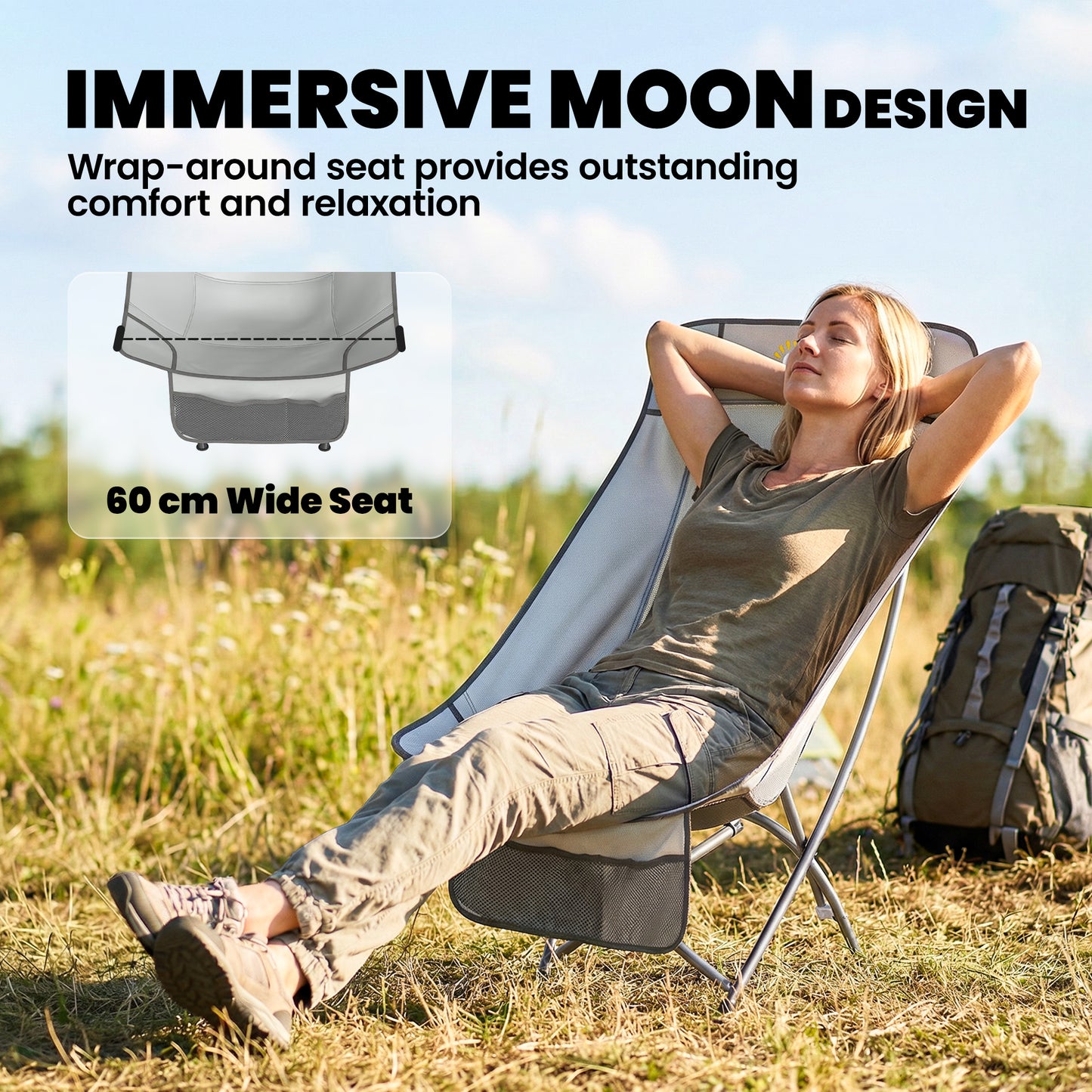 Outsunny Moon Camping Chair – Heavy Duty Folding Camp Chair, 120kg, Water-Repellent Oxford Fabric, Side Pocket & Carry Bag – Light Grey