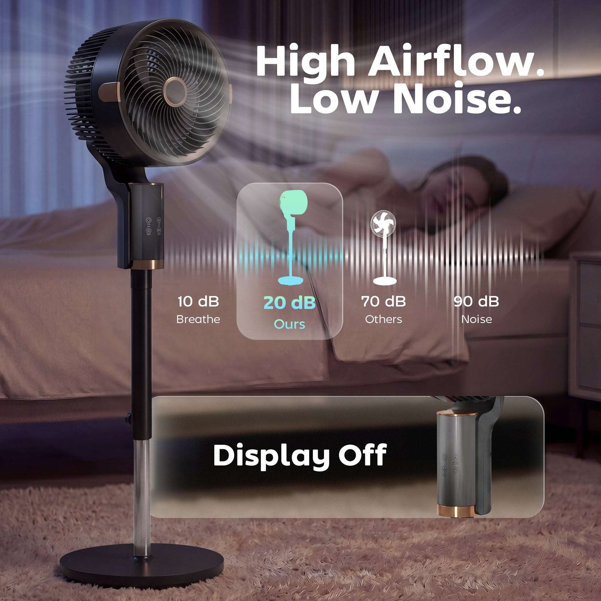 Pedestal Standing Fan | 20dB Sleep Mode | 8 Speeds | 9.5m³/min Airflow | 3D Oscillation | Aromatherapy Pad | Blue Mood Light | Detachable Grill | 5m Remote | 12H Timer | 50W | 110cm | Black & Gold