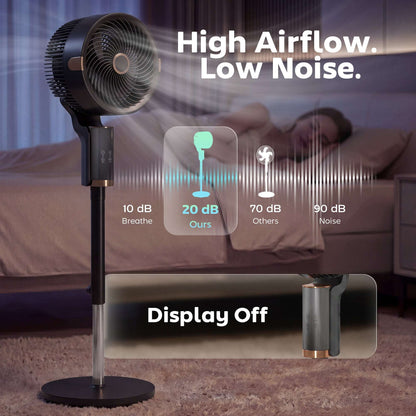 Pedestal Standing Fan | 20dB Sleep Mode | 8 Speeds | 9.5m³/min Airflow | 3D Oscillation | Aromatherapy Pad | Blue Mood Light | Detachable Grill | 5m Remote | 12H Timer | 50W | 110cm | Black & Gold