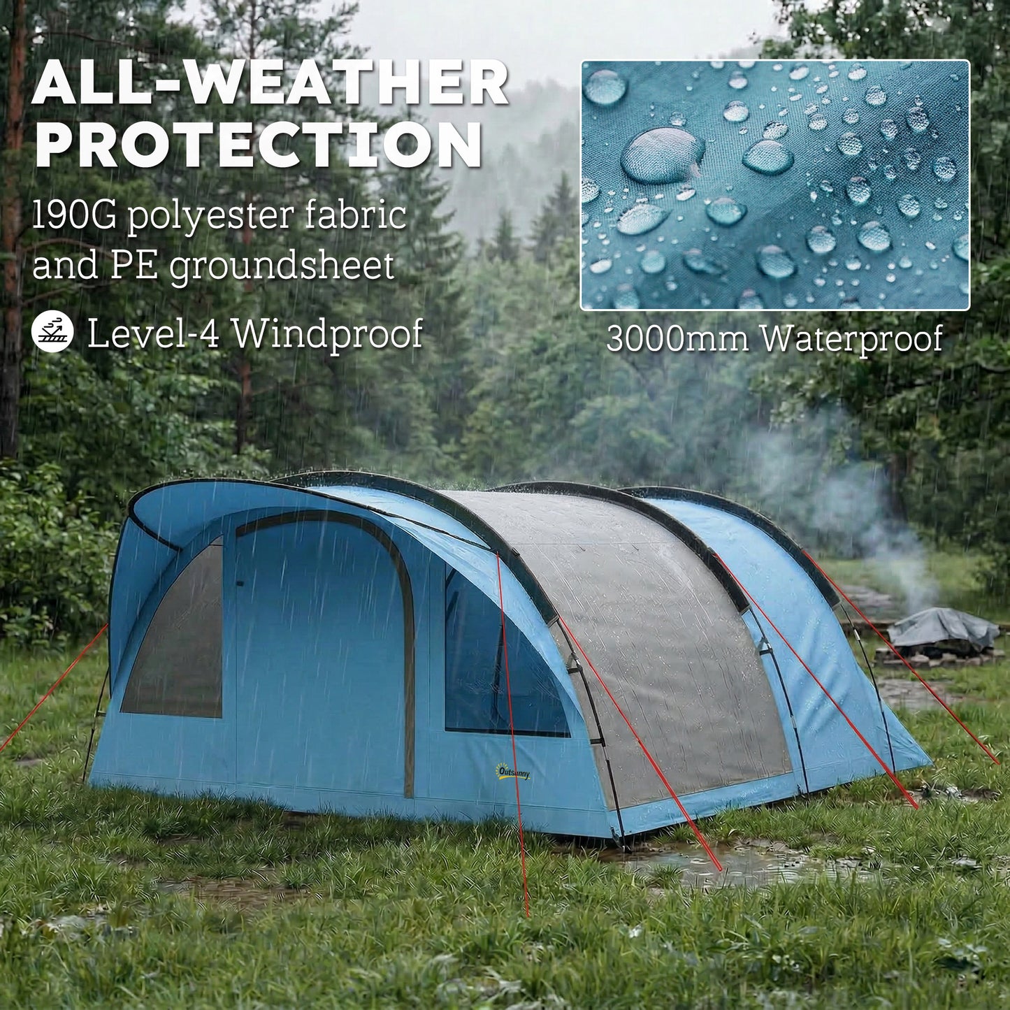 4-Person Family Camping Tent | 2 Rooms | Removable Divider | 3000mm Waterproof | Level 4 Wind Resistance | 7 Storage Pockets | Sets Up in 5-15 Mins | 565 x 370 x 200cm | Sky Blue & Grey