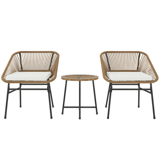 3 Pieces Rattan Bistro Set, Wicker Small Garden Table and Chairs Set with Cushions and Glass Top Coffee Table, Bistro Garden Furniture Set, Natural