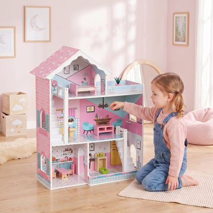 Kids Large 3-Storey Dolls House | 10 Accessories Included | Fits Dolls Up to 20cm | Detailed Rooms & Balcony | MDF | Smooth Edges | STEM-Inspired Pretend Play | 60.5x24x72.5cm | Ages 3–6 | Pink