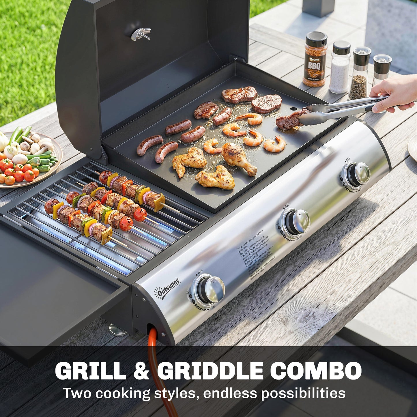 3 Burner Portable Gas Plancha BBQ Grill | 8.1kW | 2224cm² | Grill & Griddle | Thermometer | Side Shelf | Grease Box | LPG/Propane | 77x47x27cm | Black