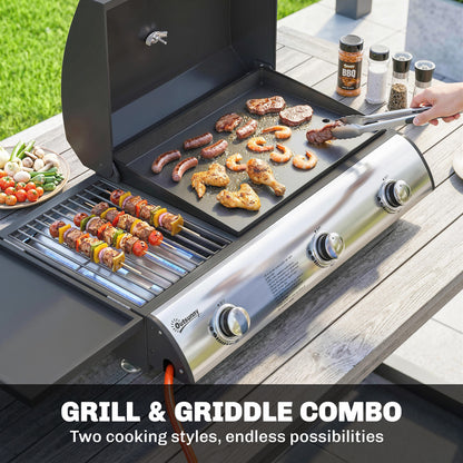 3 Burner Portable Gas Plancha BBQ Grill | 8.1kW | 2224cm² | Grill & Griddle | Thermometer | Side Shelf | Grease Box | LPG/Propane | 77x47x27cm | Black