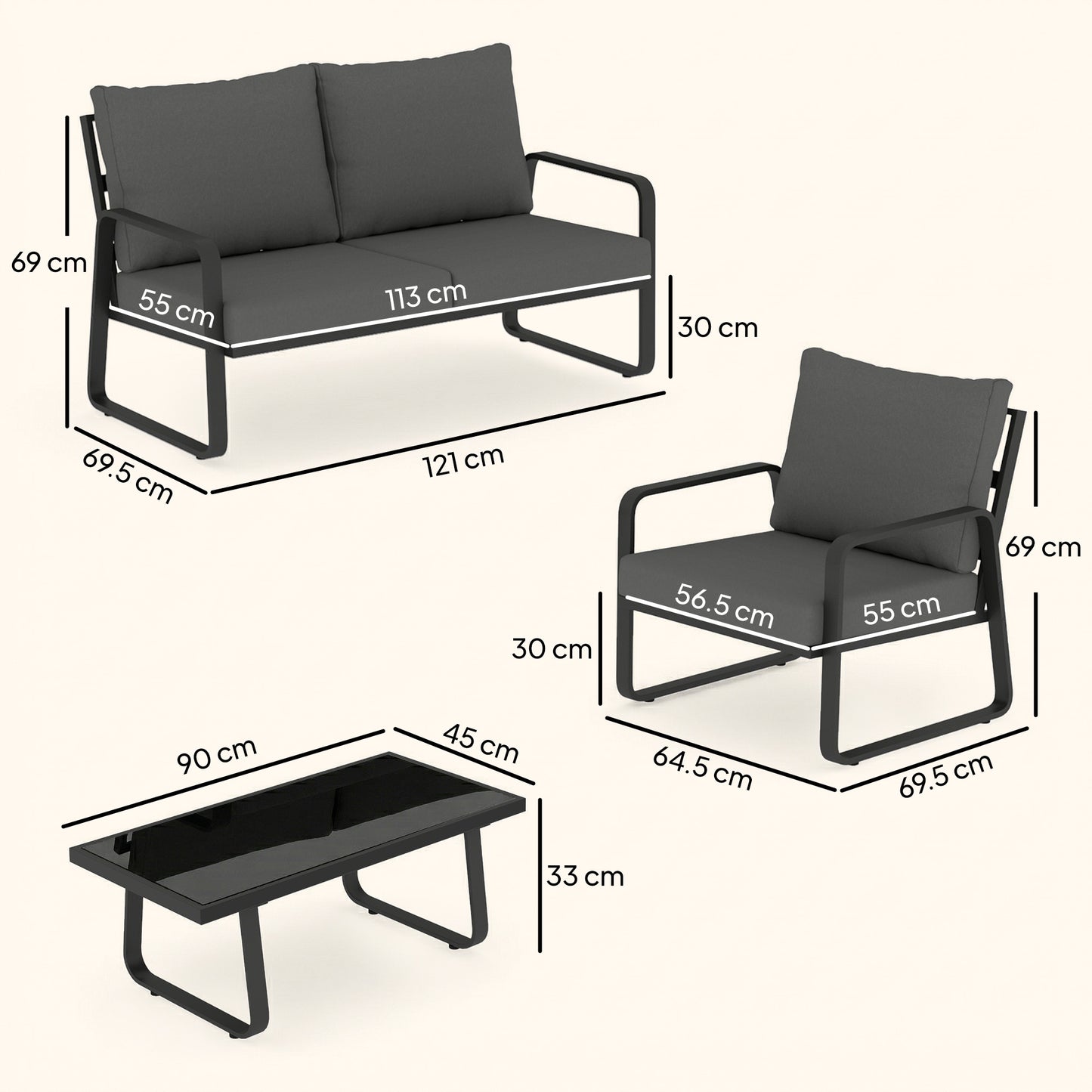 4-Piece Garden Sofa Set | Loveseat, 2 Armchairs & Glass Table | 16cm Cushions | Zip Covers | Black