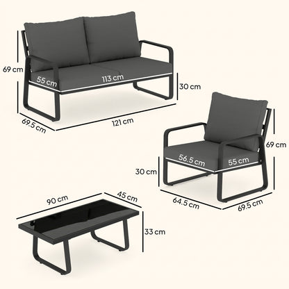 4-Piece Garden Sofa Set | Loveseat, 2 Armchairs & Glass Table | 16cm Cushions | Zip Covers | Black
