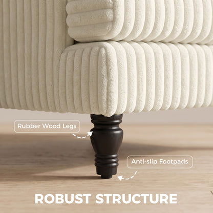 Corduroy Accent Armchair | Stripe Design | Turned Rubberwood Legs | 12cm Seat Cushion | 24cm Back Cushion | Adjustable Non-Slip Feet | 120kg | 115x82x82cm | Cream / Black