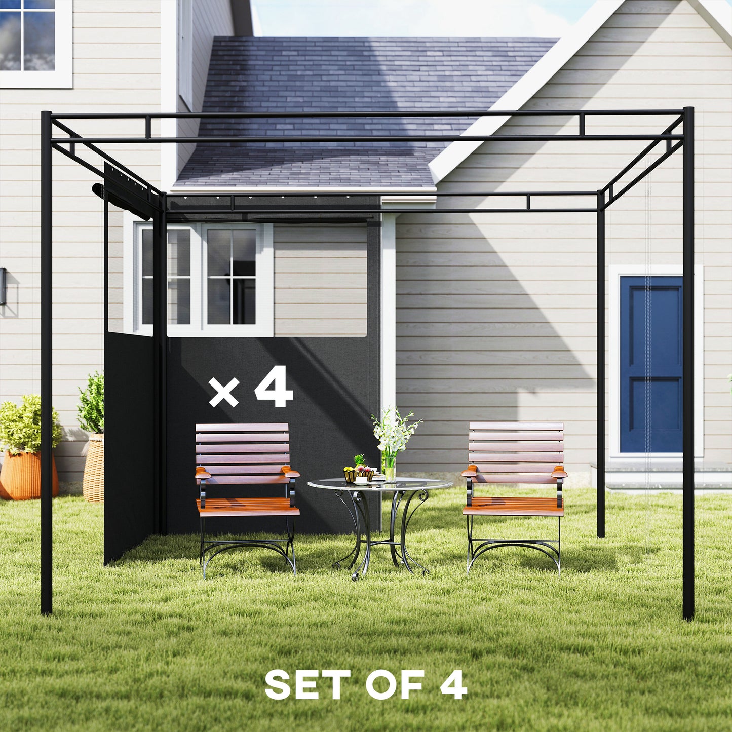 Set of 4 Replacement Gazebo Curtains Sidewalls | UPF30+ Polyester | Roll-Up Mesh Windows | Double-Sided Zip | O-Rings Included | Fits Most 3x3m Gazebos | 300x198cm | Dark Grey