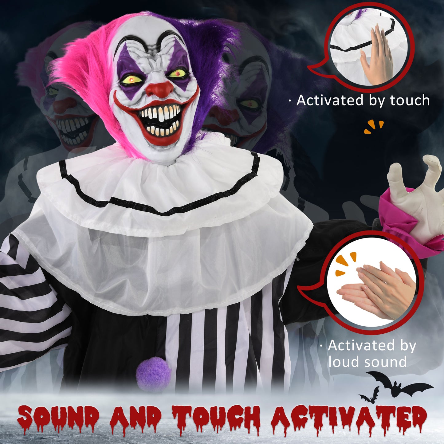 173cm 68" Laughing Clown Outdoor Halloween Decoration, Halloween Animatronic with Sound Activated, Light Up Eyes, Sound Effects, Animated Prop for Haunted House