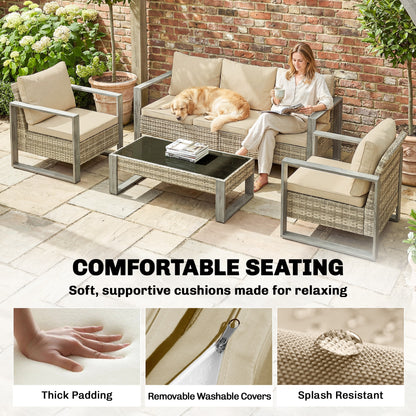 4-Piece PE Rattan Garden Sofa Set | 3-Seater Sofa | 2 Armchairs | Tempered Glass Coffee Table | Wood-Effect Aluminium Frame | 8cm Seat & 20cm Back Cushions | Non-Slip Mats | Washable Covers | Khaki