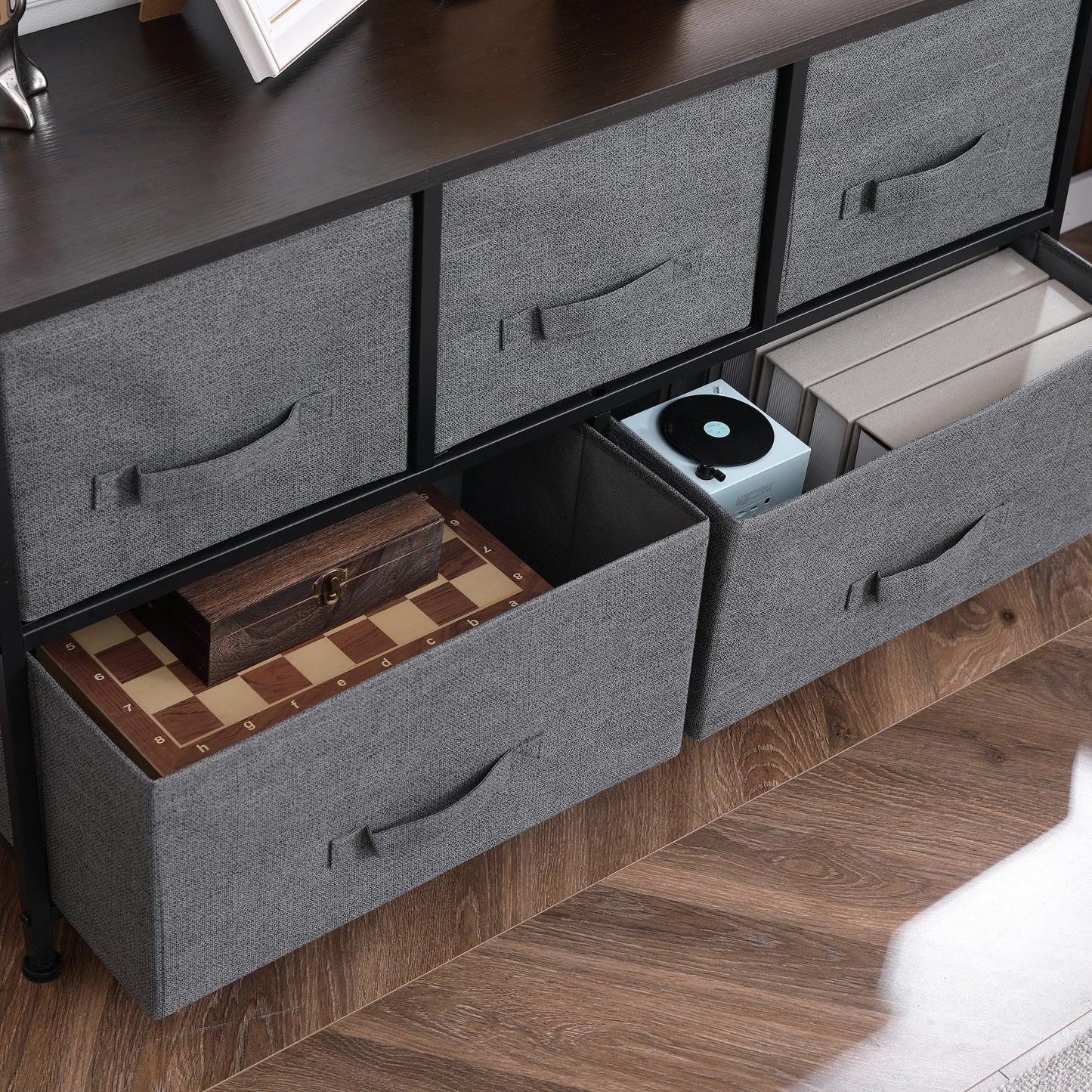 Chest of Drawers, 5 Drawer Fabric Dresser with Steel Frame, Adjustable Feet, Storage Organizer Unit for Bedroom, Living Room, Dark Grey