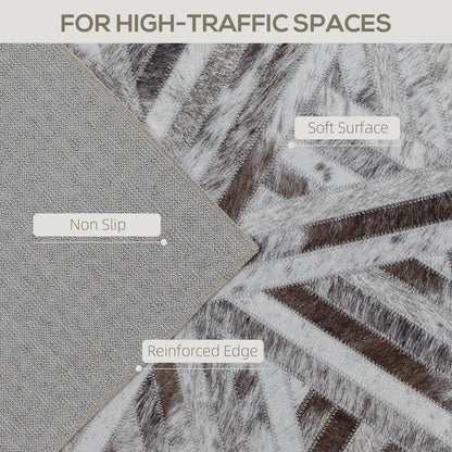 Modern Chenille Area Rug | Faux Leather Patchwork Print | Machine Washable | Non-Slip | Foldable | 290x200cm | Brown | Living Room Bedroom Dining Room Home Office