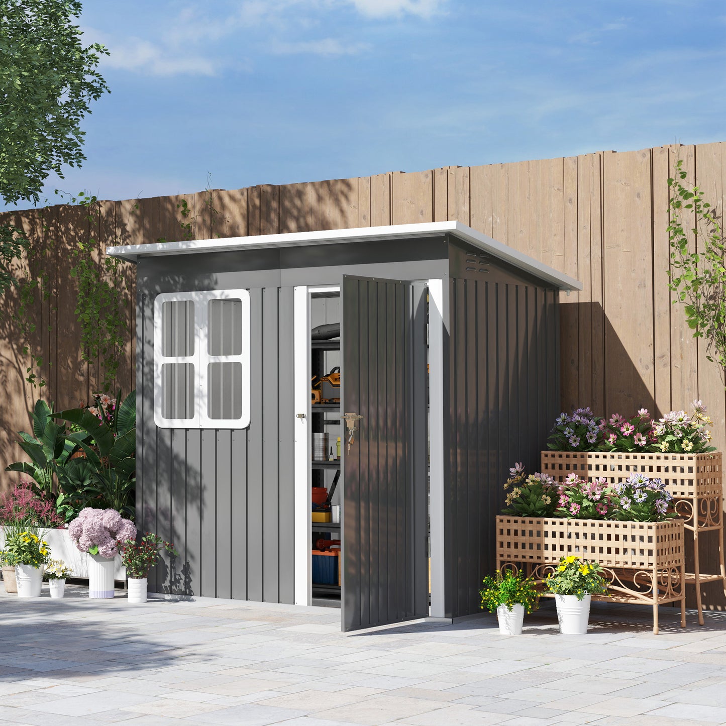 7 x 4ft Storage Shed Galvanised Steel Garden Shed, Metal Shed with Foundation Kit, Window, Lockable Wide Door and Air Vents for Outdoor Patio