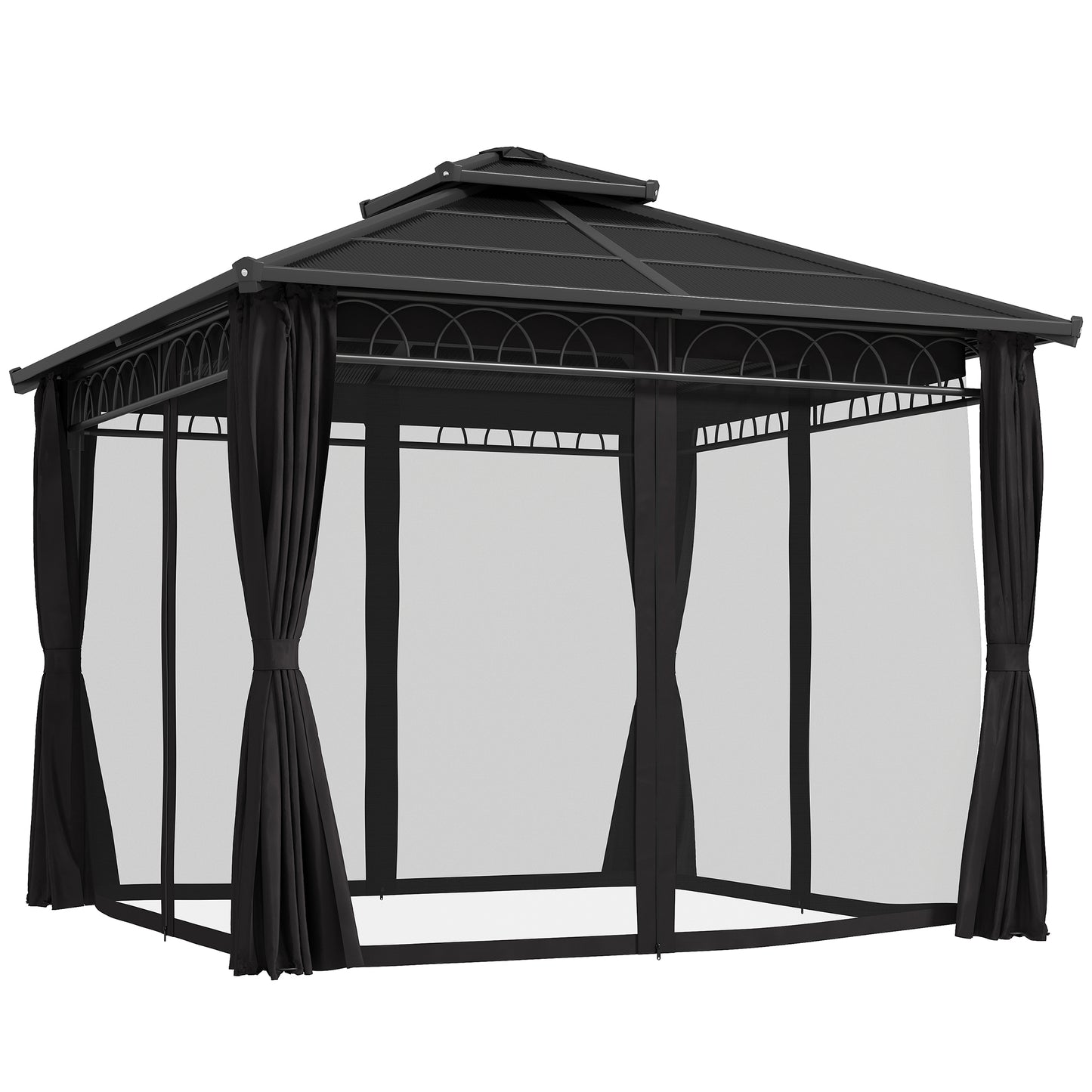 3 x 3 (m) Outdoor Polycarbonate Gazebo, Double Roof Hard Top Gazebo with Galvanised Steel Frame & Curtains for Garden, Lawn, Patio and Deck