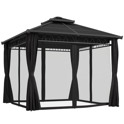 3 x 3 (m) Outdoor Polycarbonate Gazebo, Double Roof Hard Top Gazebo with Galvanised Steel Frame & Curtains for Garden, Lawn, Patio and Deck