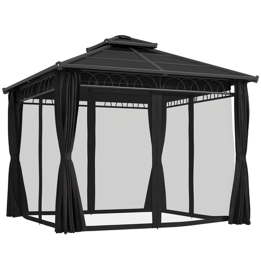 3 x 3 (m) Outdoor Polycarbonate Gazebo, Double Roof Hard Top Gazebo with Galvanised Steel Frame & Curtains for Garden, Lawn, Patio and Deck
